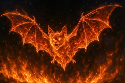 Fiery Bat Creature Flying In Dark Flames