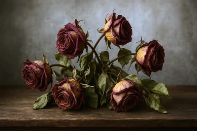 Still Life Of Dried Red Roses On Wooden Table