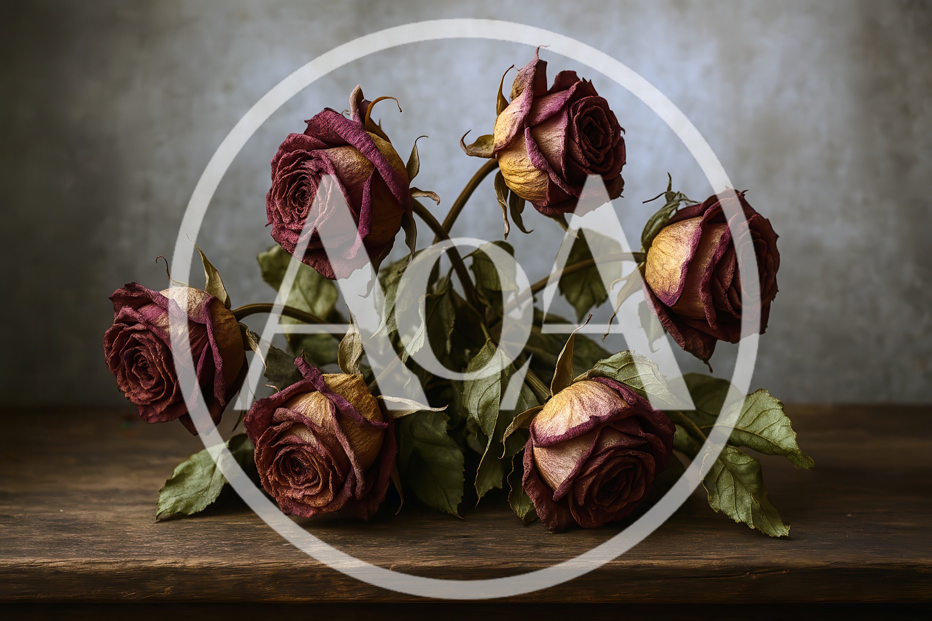 Still Life Of Dried Red Roses On Wooden Table