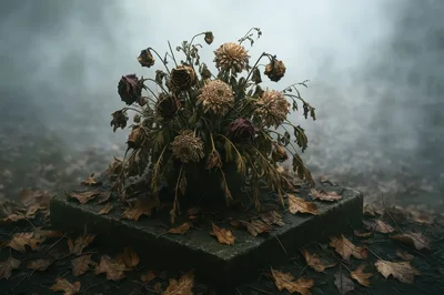 Withered Flower Bouquet On A Stone Grave Marker