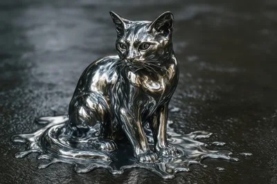 Liquid Silver Cat Sculpture Melting On Dark Surface