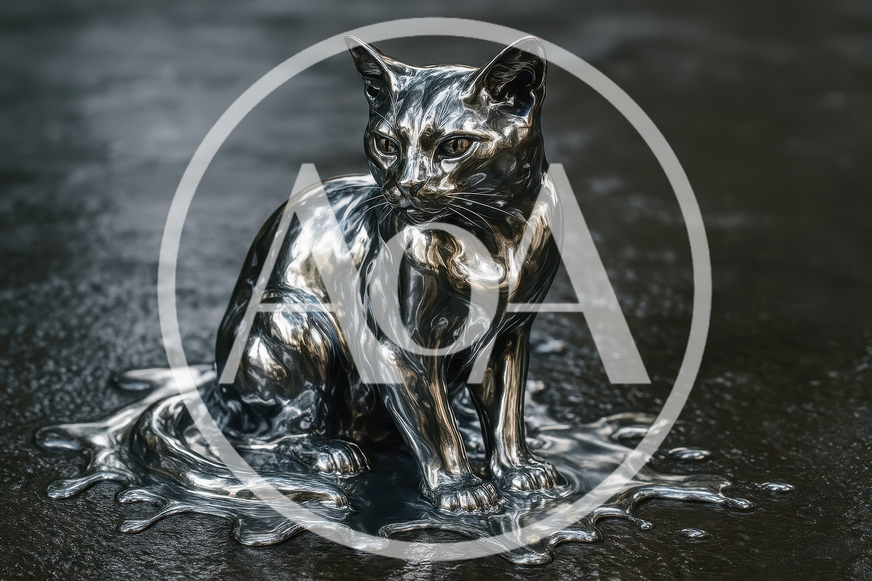 Liquid Silver Cat Sculpture Melting On Dark Surface
