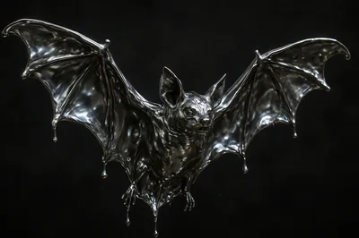 Liquid Silver Metallic Bat Flying Against Dark Background