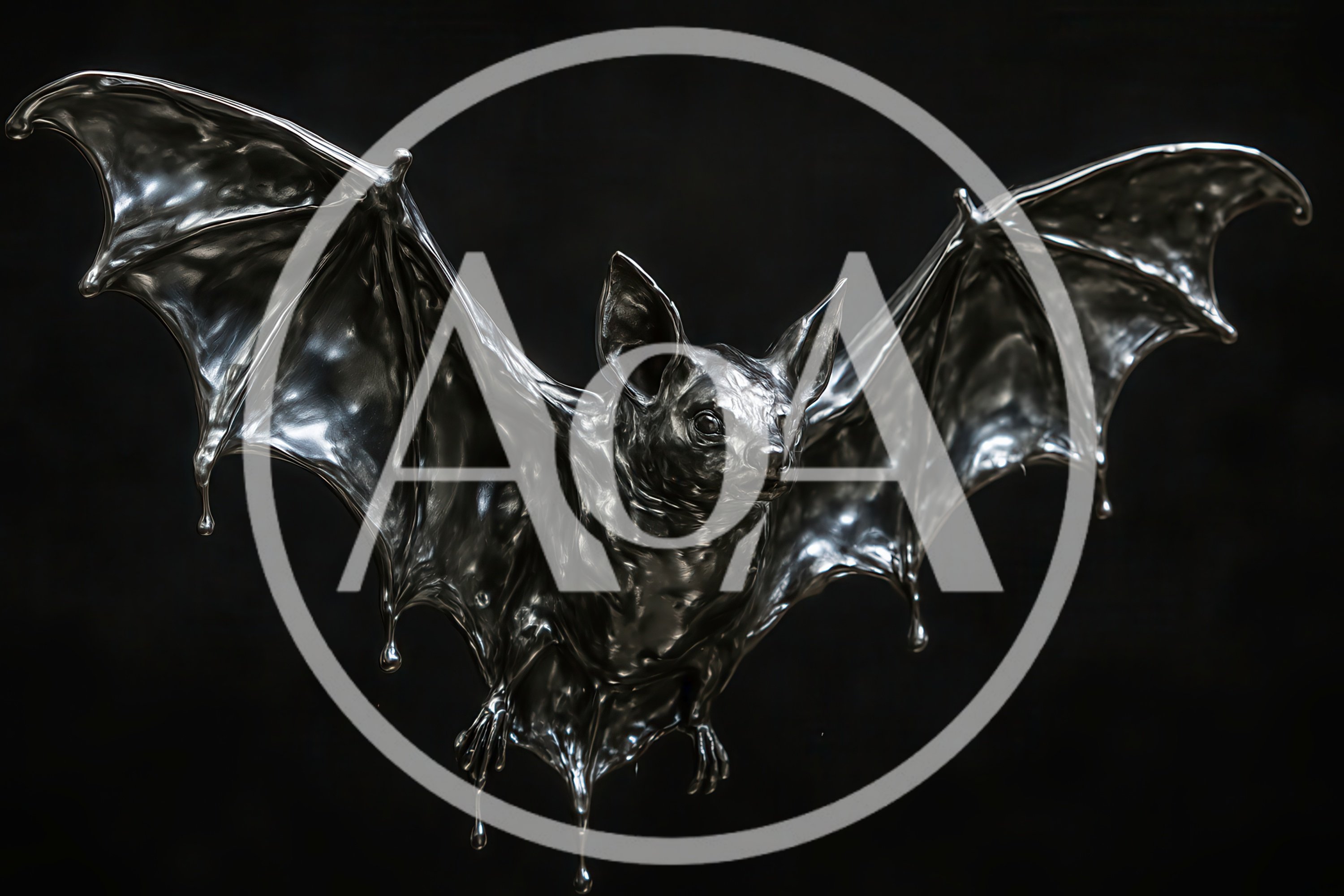 Liquid Silver Metallic Bat Flying Against Dark Background