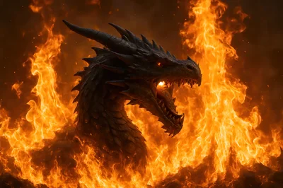 Fierce Dragon Head Emerging From Intense Fire
