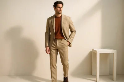 Stylish Man Wearing Beige Suit And Brown Sweater