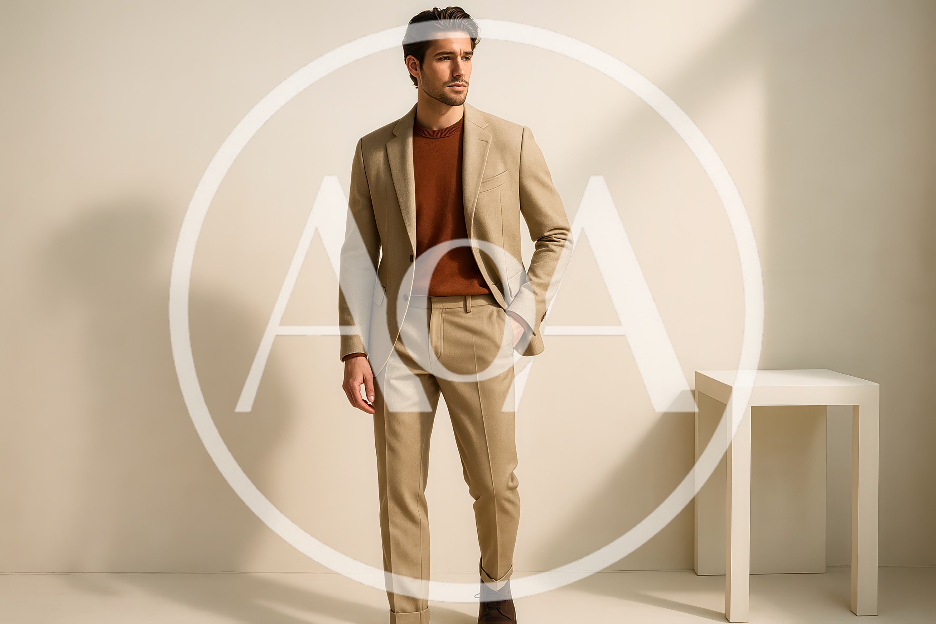 Stylish Man Wearing Beige Suit And Brown Sweater