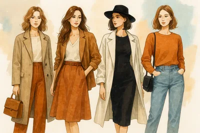 Fashion Illustration Of Four Women In Stylish Autumn Outfits