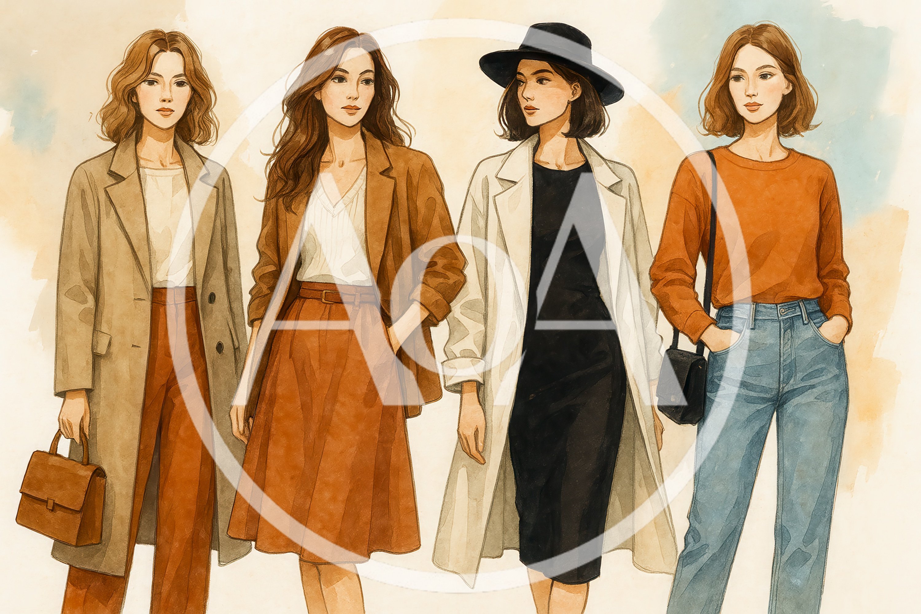 Fashion Illustration Of Four Women In Stylish Autumn Outfits