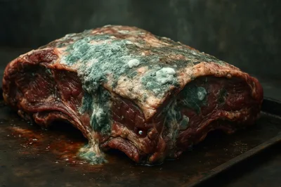 Large Piece Of Raw Beef Covered In Mold