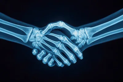 X-Ray View Of Two Skeletal Hands Shaking