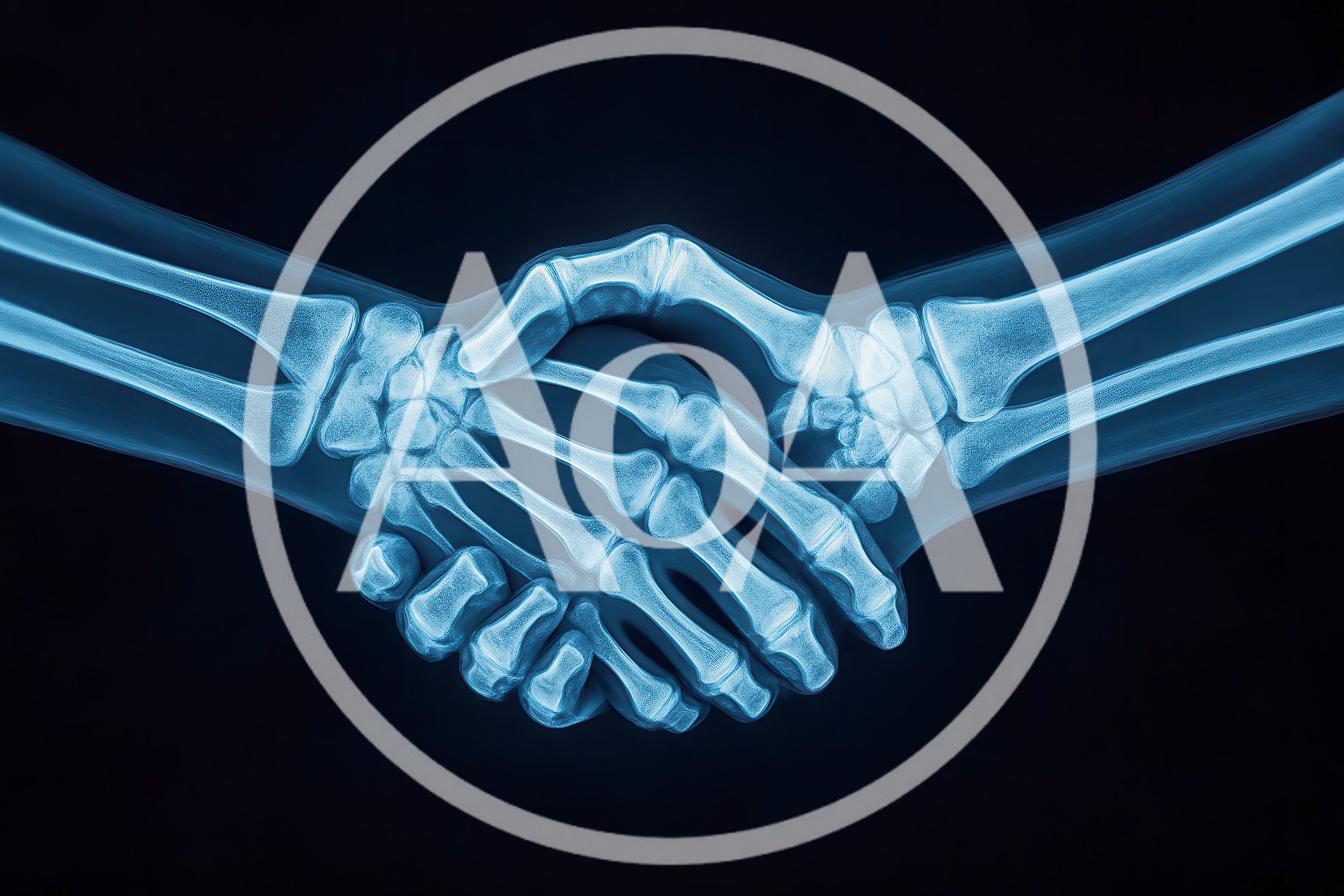 X-Ray View Of Two Skeletal Hands Shaking