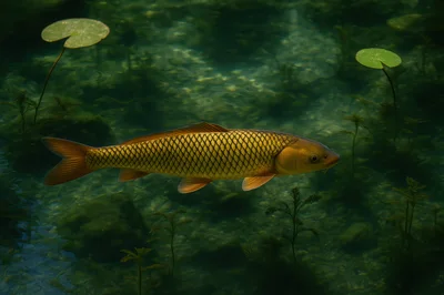 Golden Carp Swimming In Clear Pond Water