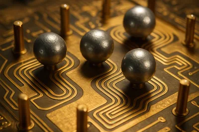 Metallic Spheres Resting On Intricate Gold Circuit Board