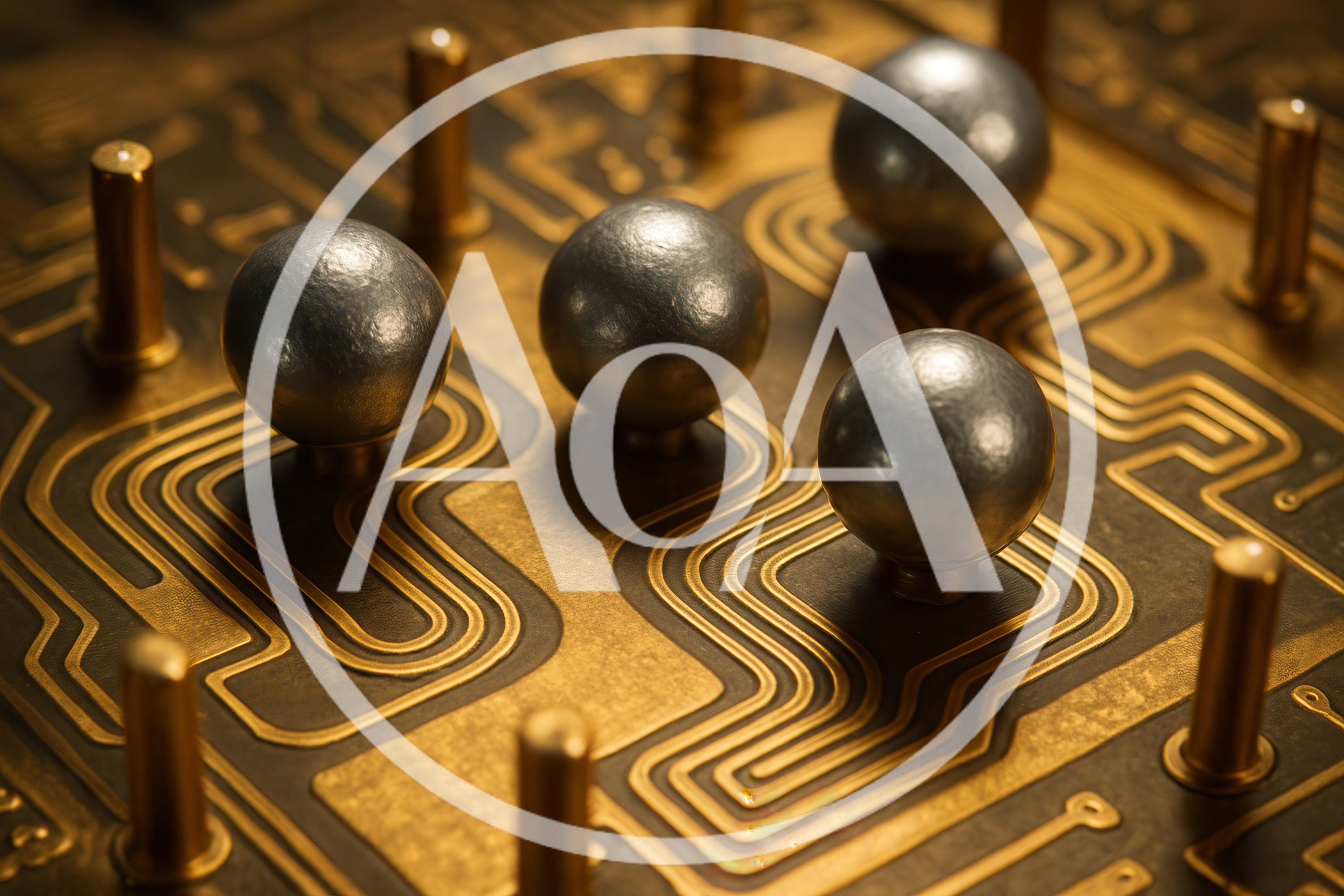 Metallic Spheres Resting On Intricate Gold Circuit Board