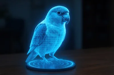 Holographic Parrot Projection On A Futuristic Base