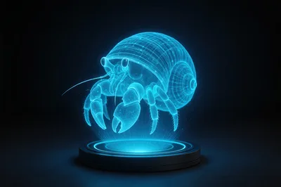 Holographic Hermit Crab Projection On Display Stand