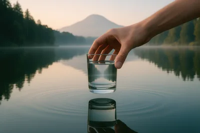 Hand Holding A Glass Of Water Over A Lake