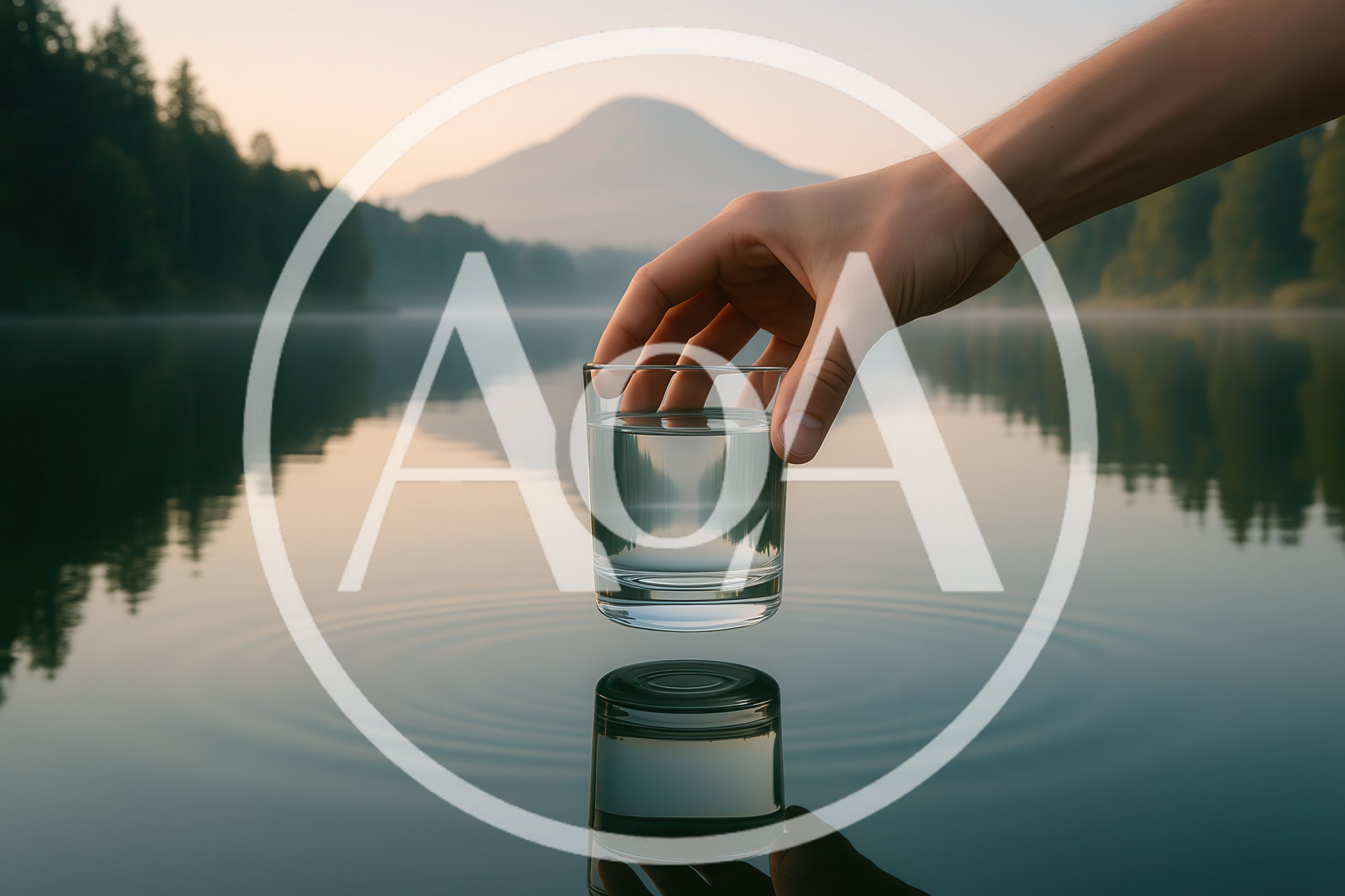 Hand Holding A Glass Of Water Over A Lake