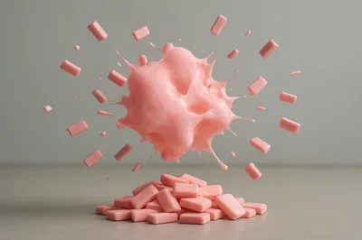 Pink Chewing Gum Pieces Exploding in Mid Air
