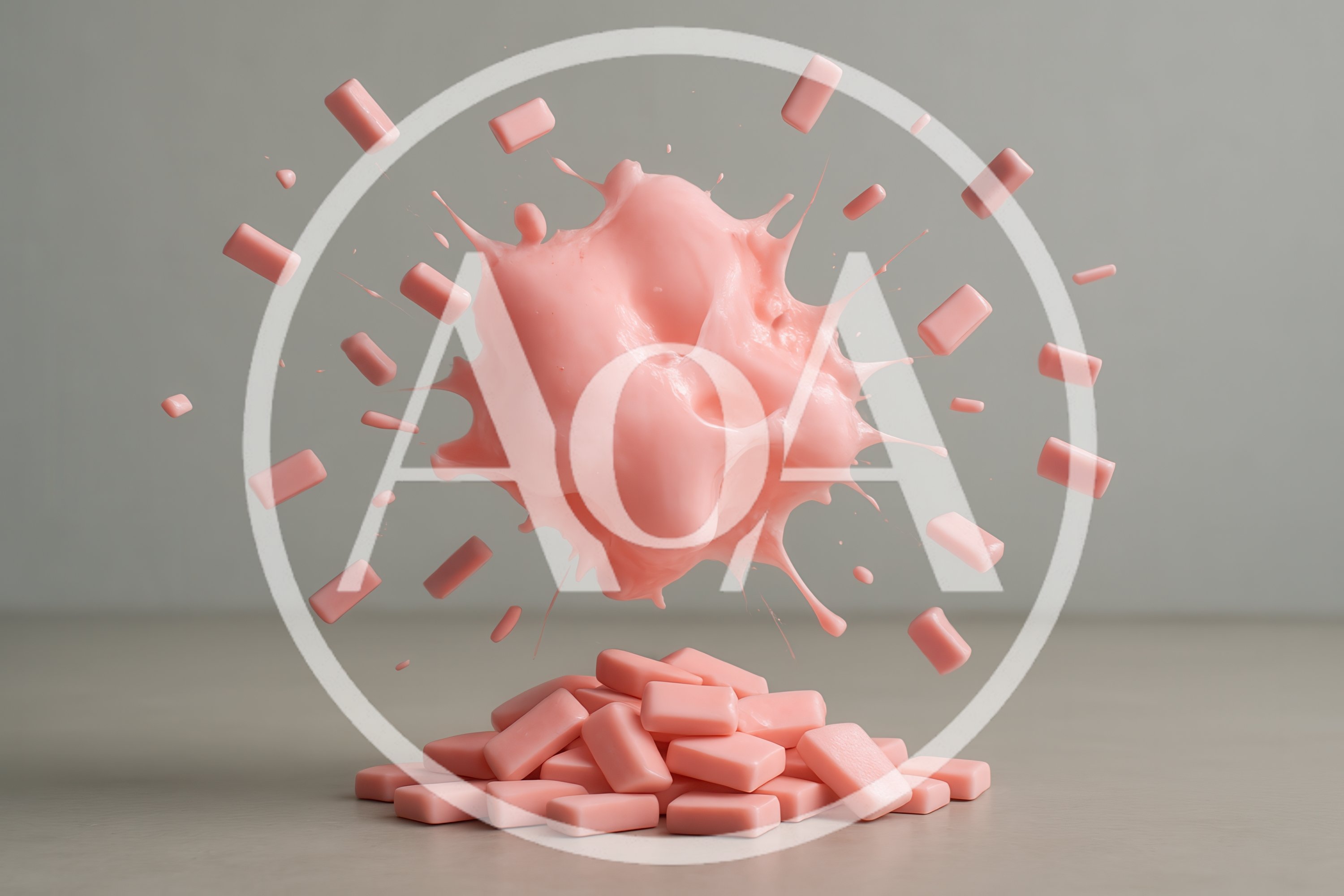 Pink Chewing Gum Pieces Exploding in Mid Air