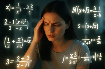 Stressed Young Woman Studying Complex Mathematical Equations