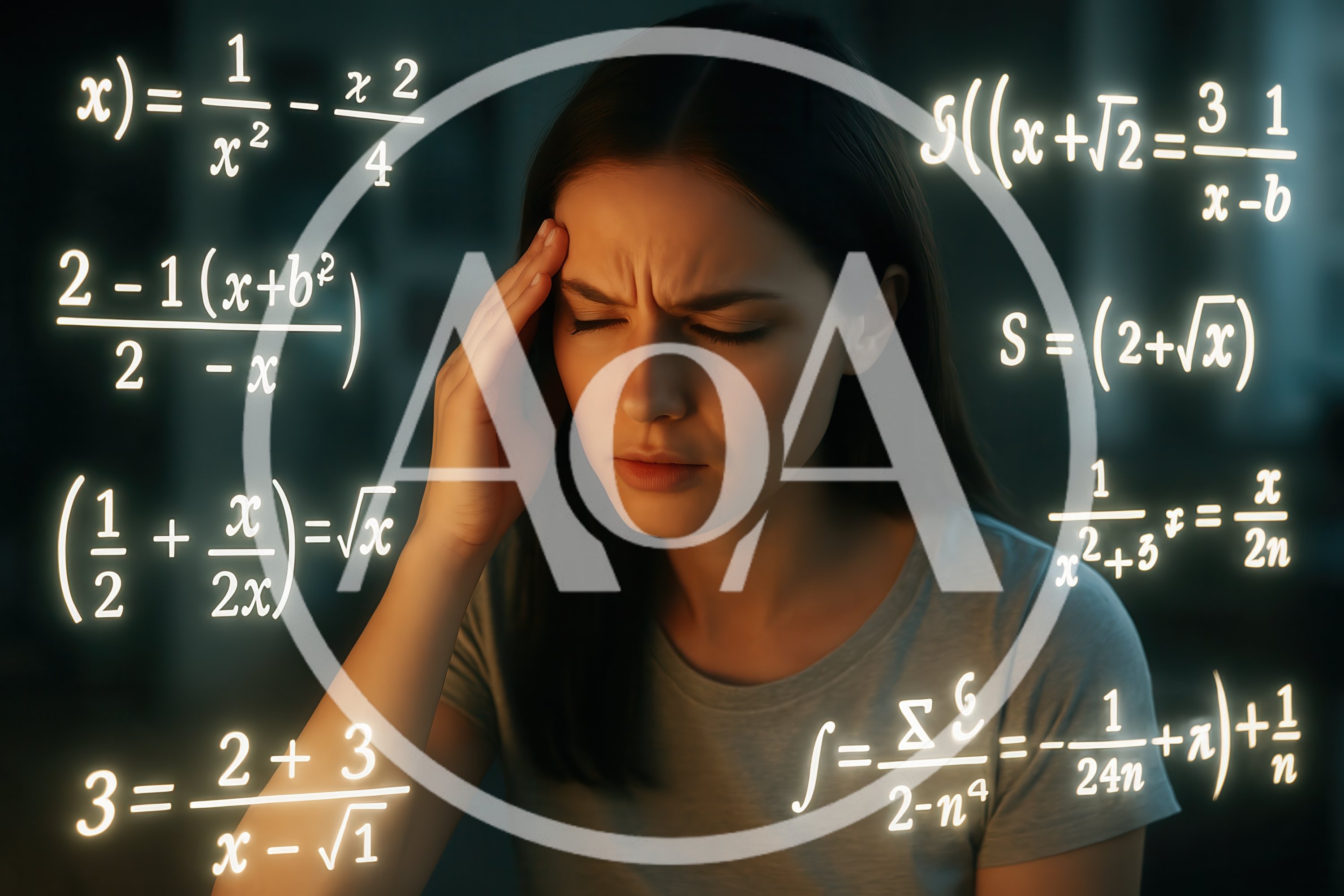 Stressed Young Woman Studying Complex Mathematical Equations