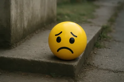 Sad Yellow Emoji Ball Sitting On Concrete Step