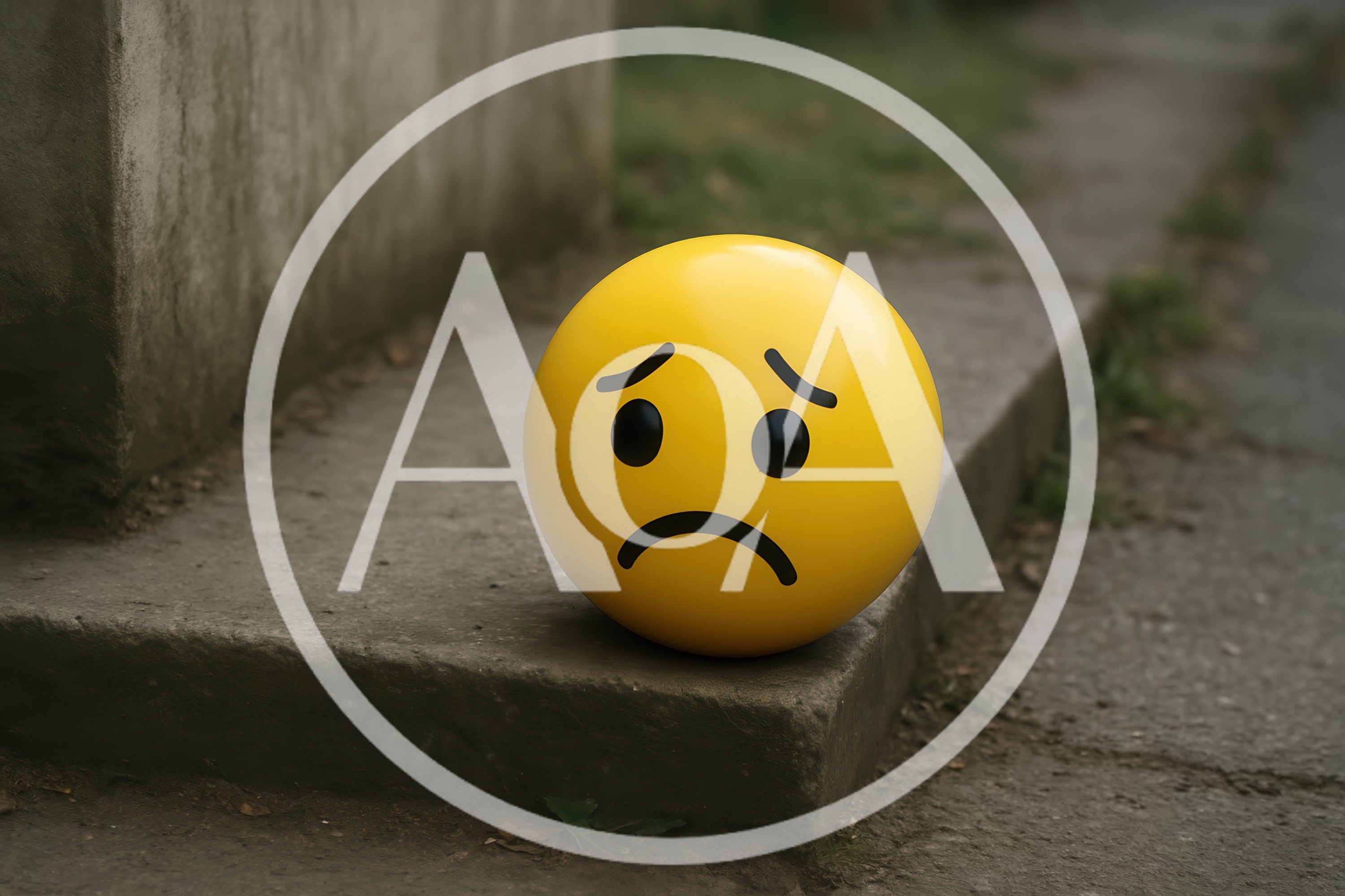 Sad Yellow Emoji Ball Sitting On Concrete Step