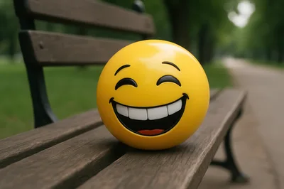 Yellow Laughing Emoji Ball on Wooden Park Bench