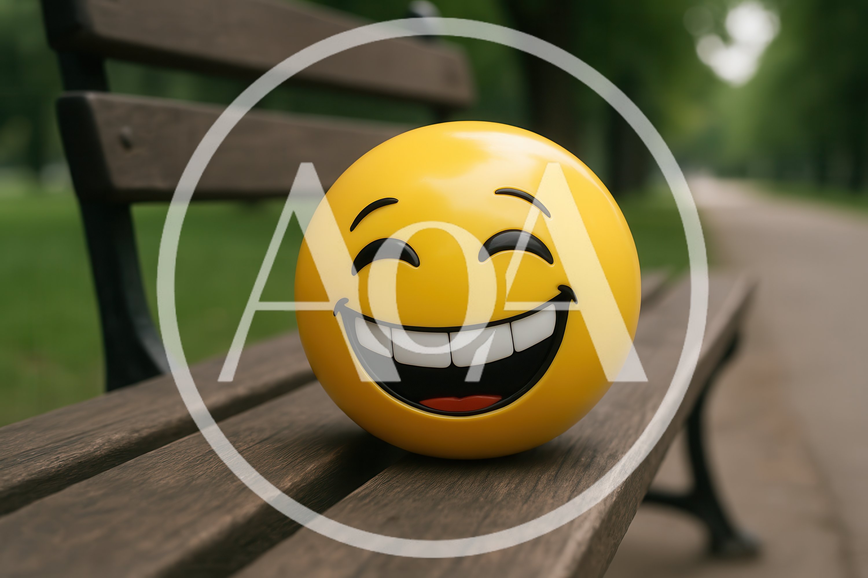 Yellow Laughing Emoji Ball on Wooden Park Bench