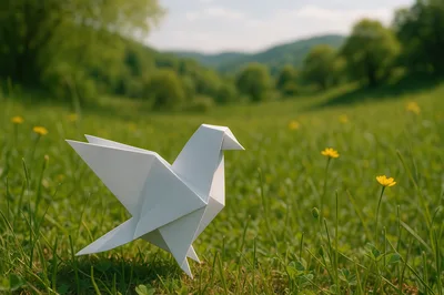 White Origami Paper Bird In A Green Meadow