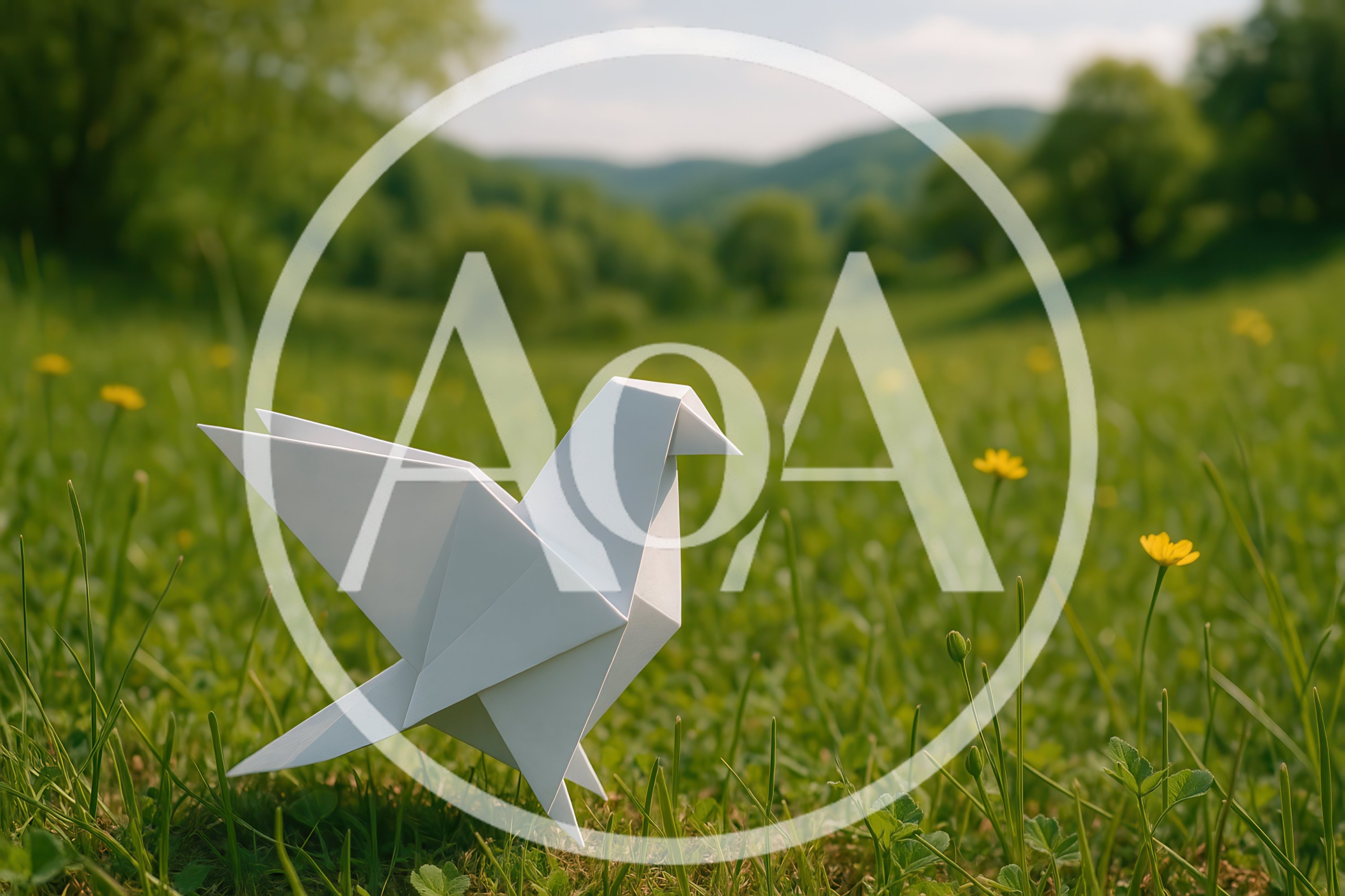 White Origami Paper Bird In A Green Meadow