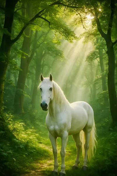 Majestic White Horse Standing In A Sunlit Forest
