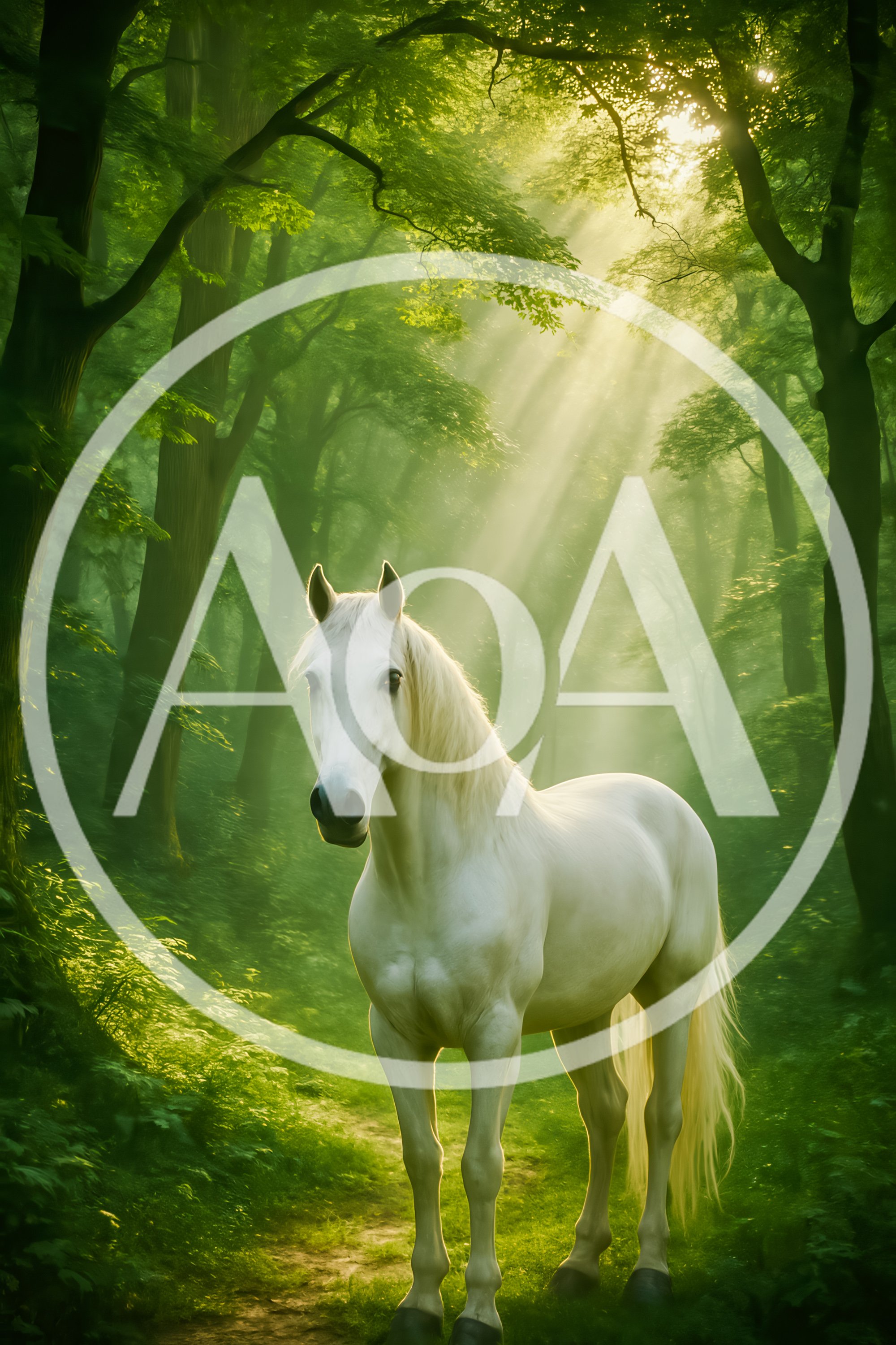 Majestic White Horse Standing In A Sunlit Forest