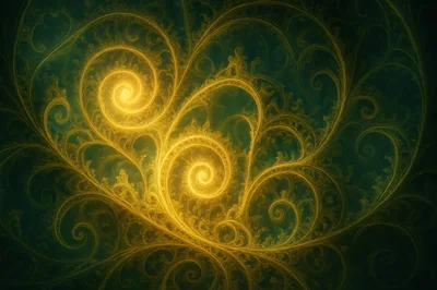 Golden Fractal Swirls On Dark Green Background