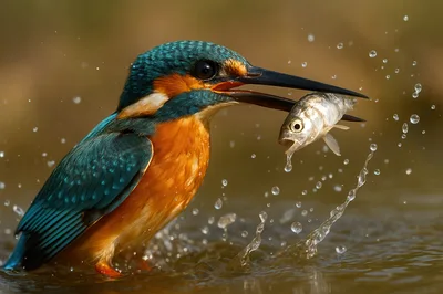 Common Kingfisher Catching A Small Fish In Water