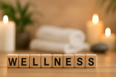 Wooden Blocks Spelling Wellness on Spa Table