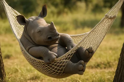 Baby Rhinoceros Sleeping Peacefully In A Hammock