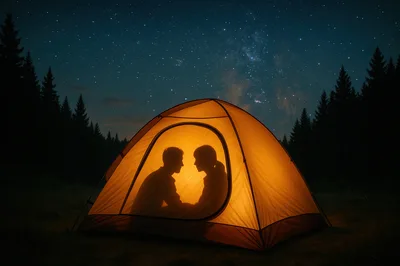 Couple Silhouettes Inside Illuminated Camping Tent Under Starry Sky