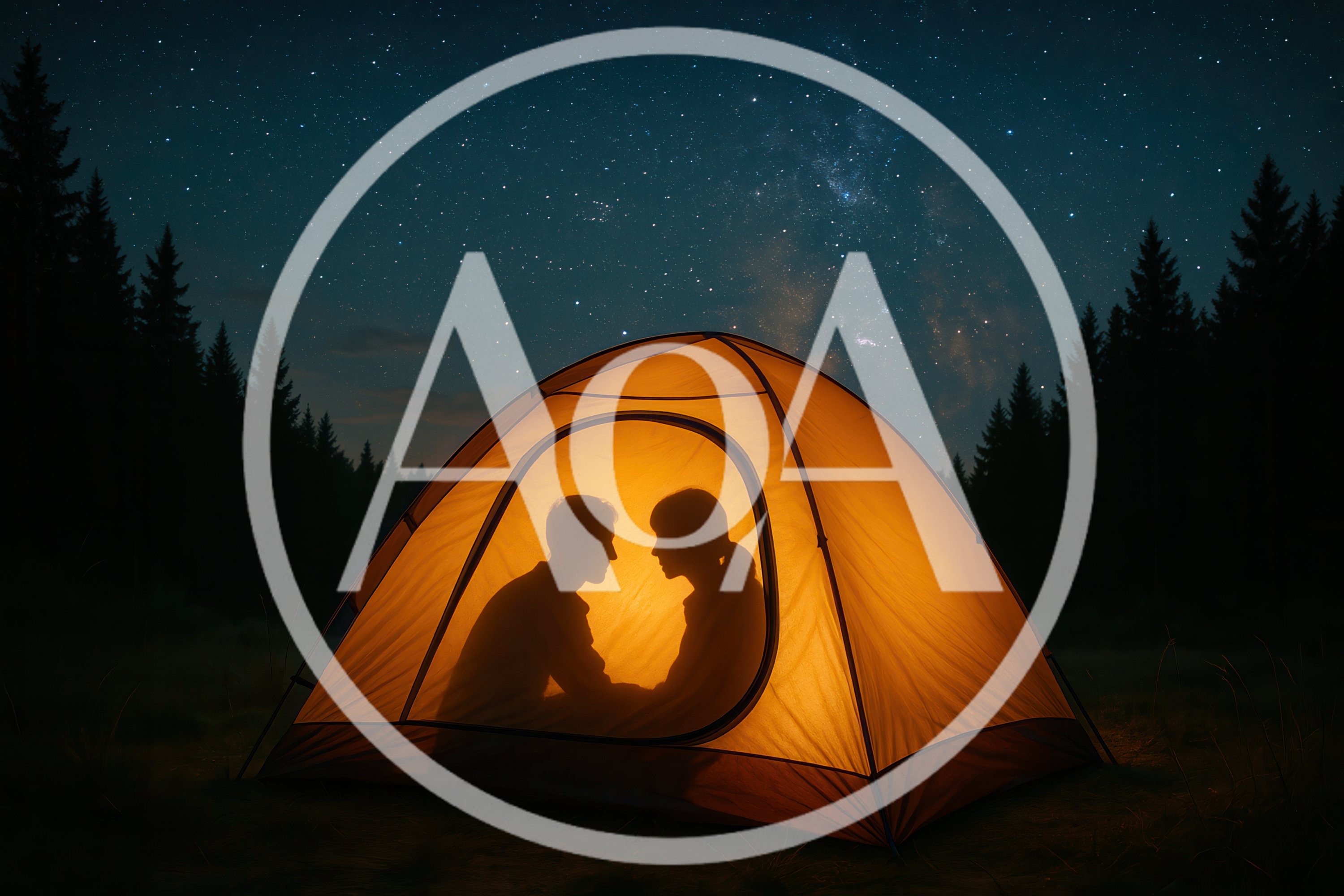 Couple Silhouettes Inside Illuminated Camping Tent Under Starry Sky