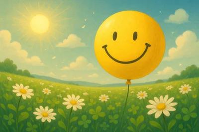 Yellow Smiley Face Balloon Floating Over Daisy Field