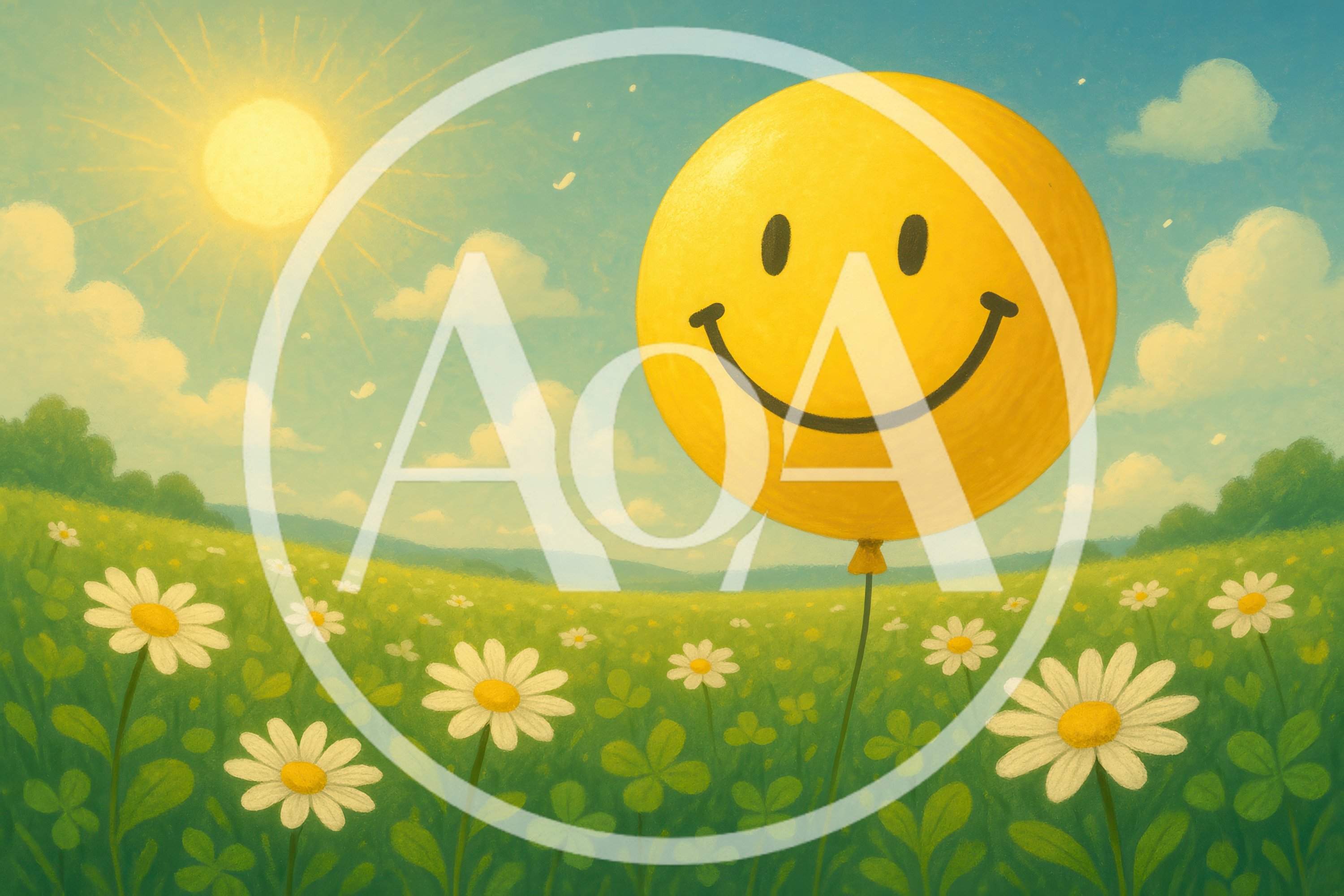 Yellow Smiley Face Balloon Floating Over Daisy Field