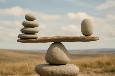 Balanced Stone Stack On A Wooden Plank