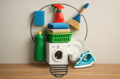 Household Cleaning Supplies Arranged In Lightbulb Shape