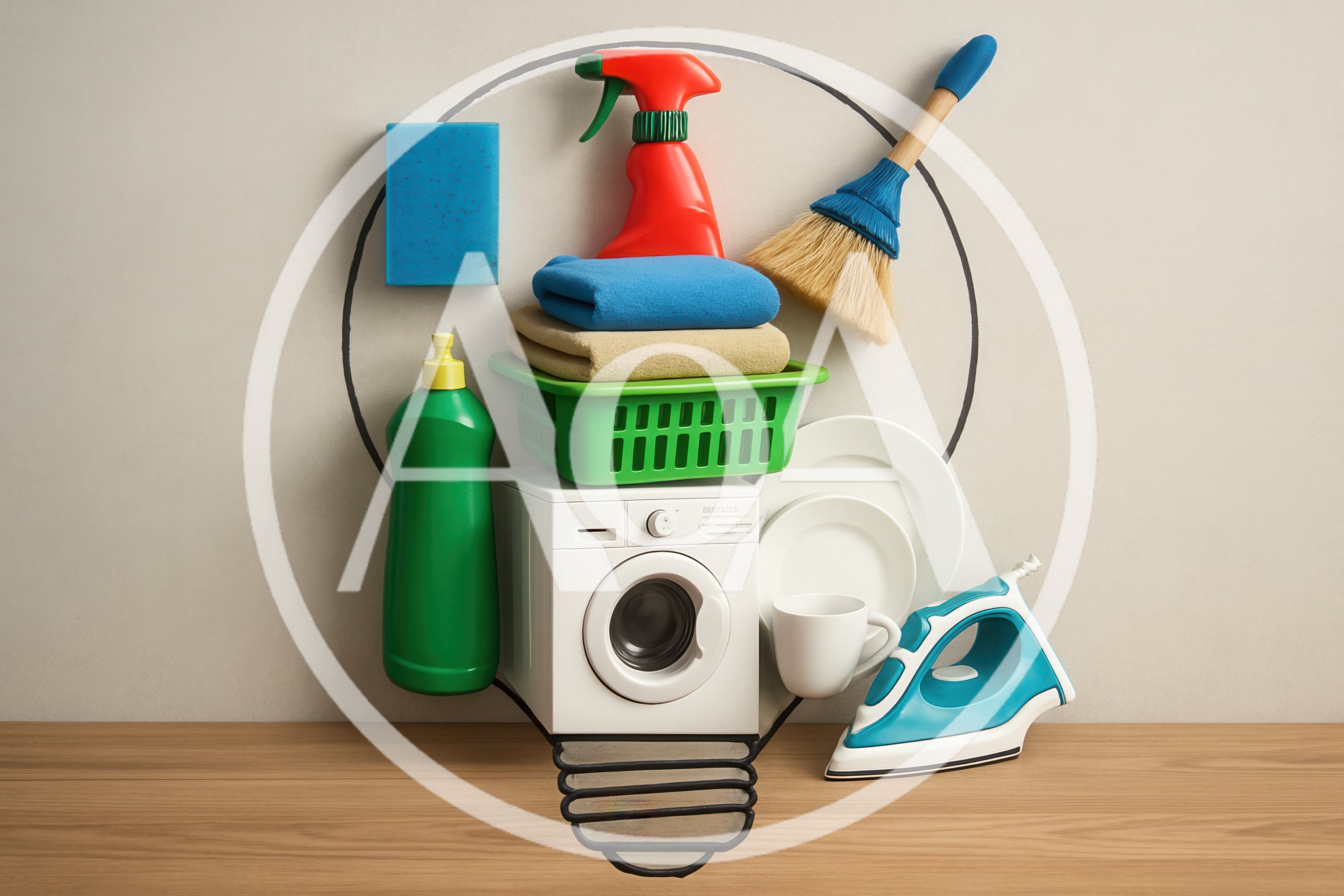 Household Cleaning Supplies Arranged In Lightbulb Shape