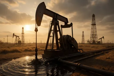 Oil Pump Jack Operating In A Desert Oil Field