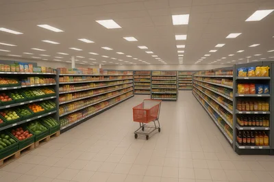 Empty Shopping Cart in Grocery Store Aisle