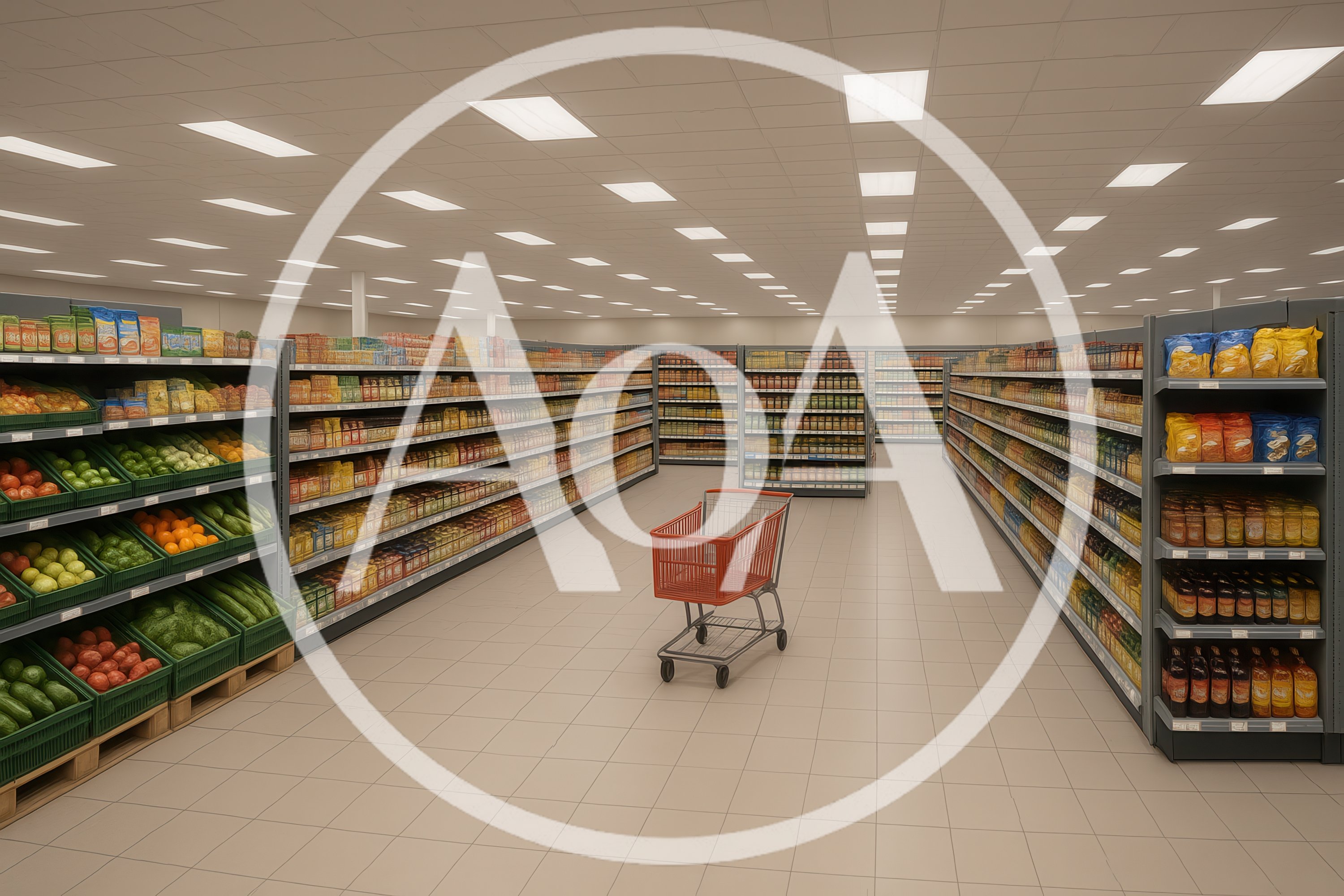 Empty Shopping Cart in Grocery Store Aisle
