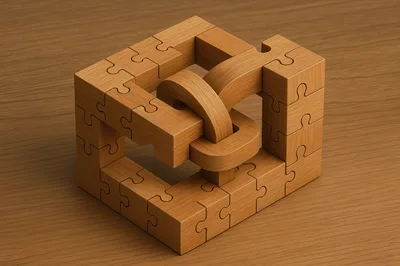 Wooden Puzzle Cube With Interlocking Chain Link